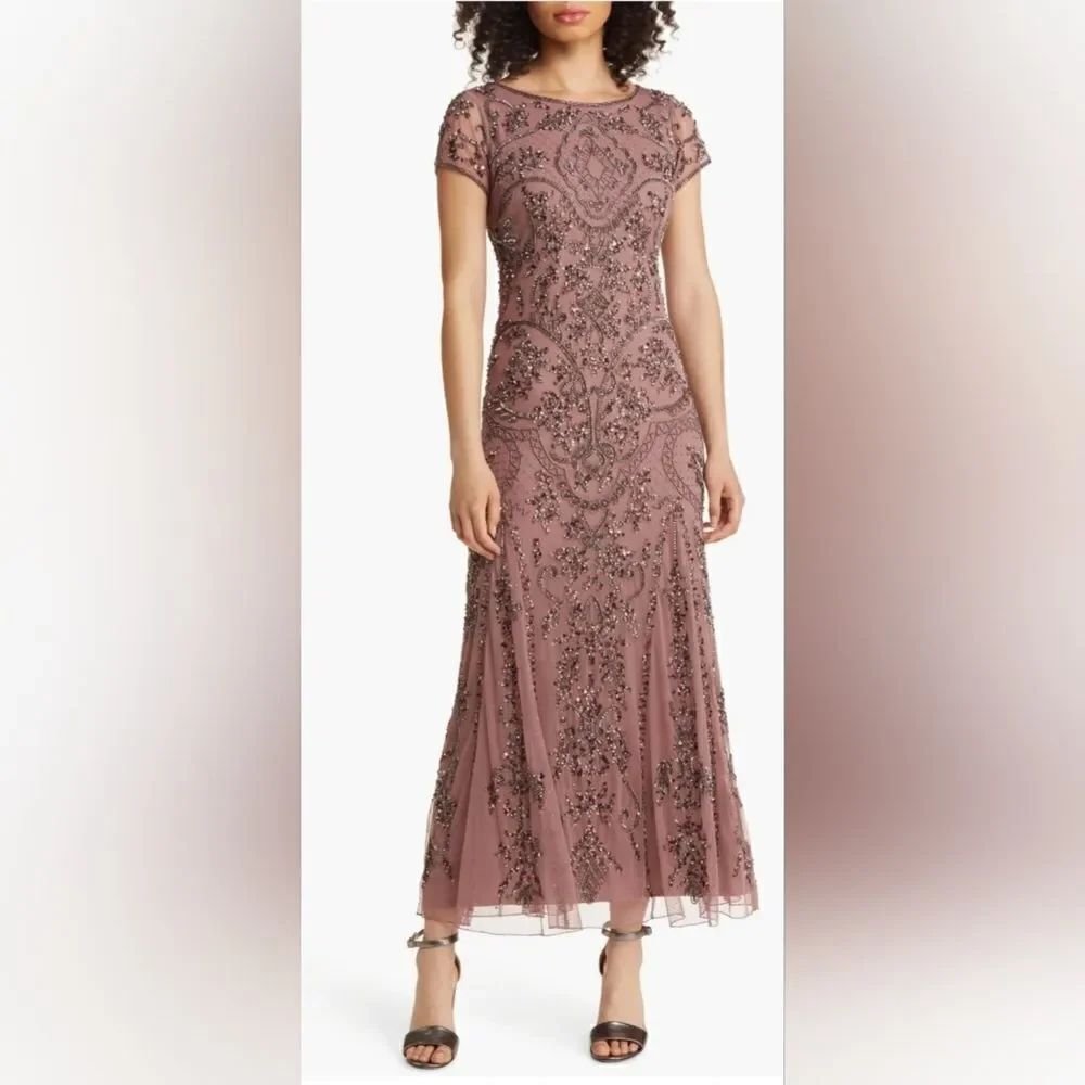 Pisarro Nights Beaded Mesh Midi Cocktail Dress NWT size 2 Mauve